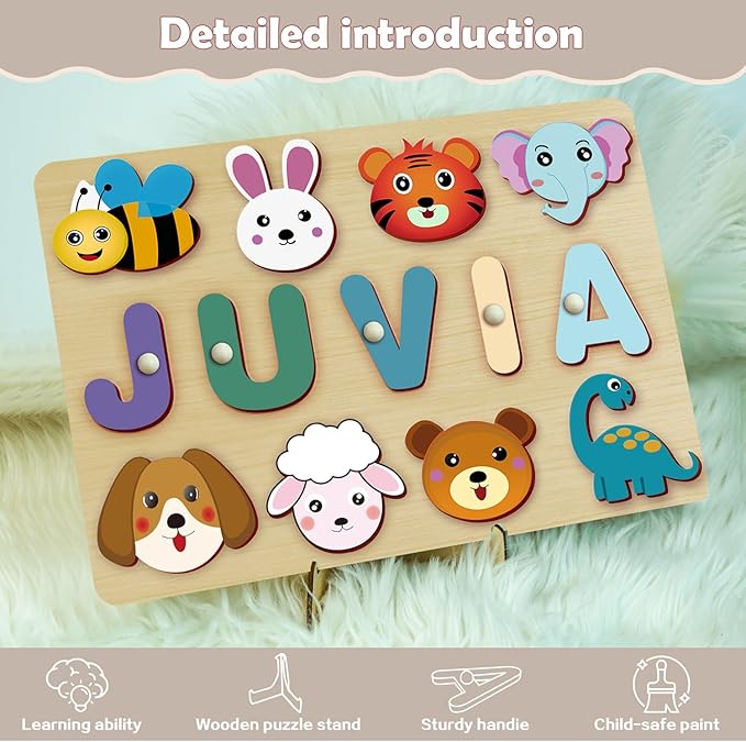 Custom Name Puzzles for Toddlers 1-3 - Name Puzzle for Kids, Personalized Wooden Animal Puzzle, Baby Gifts, Baby Shower, Christmas, Newbaby Gift, Gifts for 1 2 3 Years Old (Animal-Name -02)