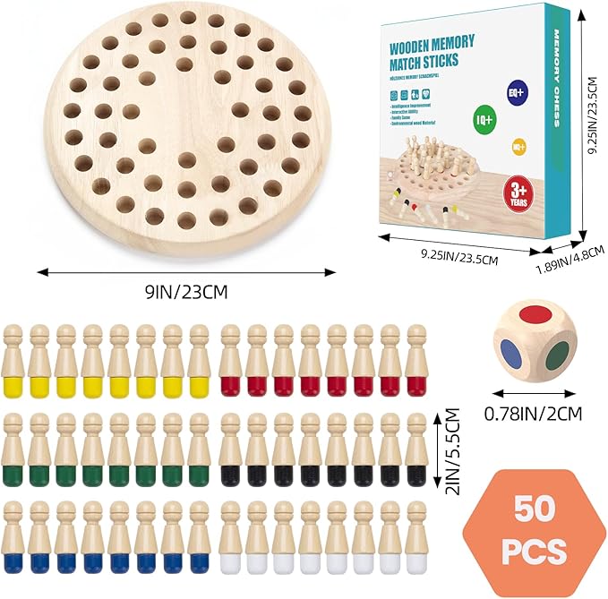 Wooden Memory Chess Matching Game: Large Family Board Games for Kids and Adults, Montessori Preschool Learning Educational Toy, Birthday Gift for Age 3 4 5 6 7 8+ Boy Girl