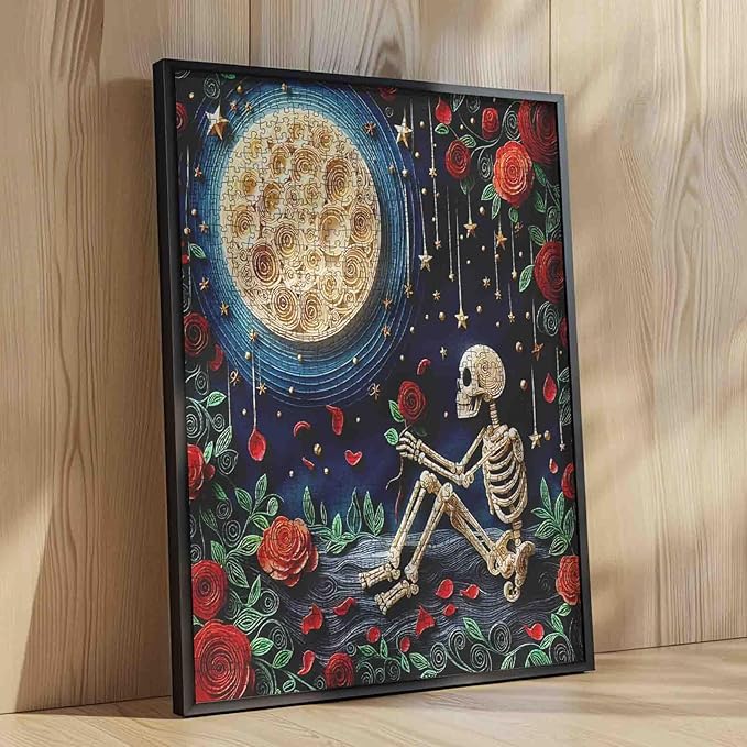 Tucocoo Romantic Skeleton Jigsaw Puzzle for Adults 1000 Piece, Skull with Rose Full Moon Puzzles, Relaxing Floral Night Scene Challenging Puzzle for Family Game Night Stress Relief Home Decor Gift