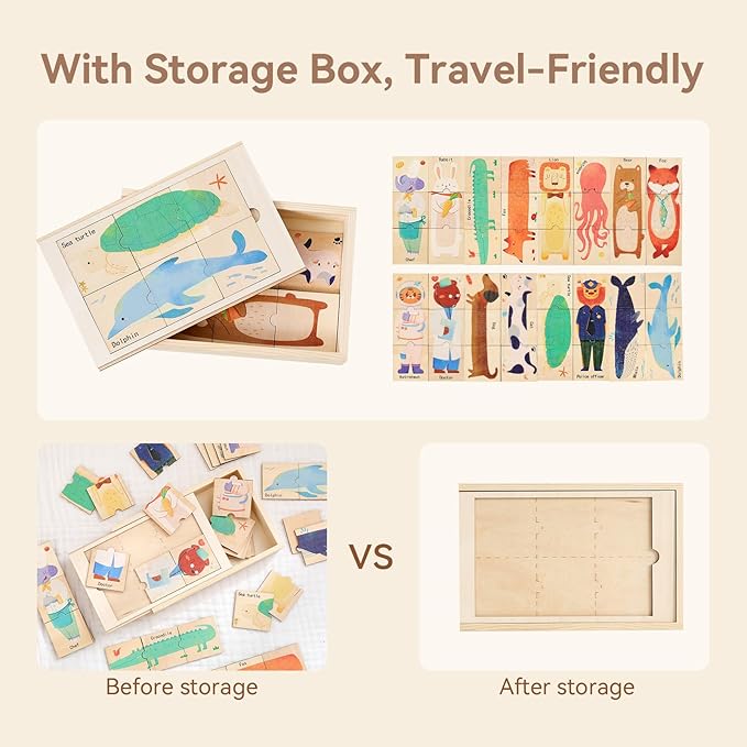 Wooden Animal & Career Jigsaw Puzzle for Toddlers Ages 3-5: Colorful Montessori Matching Puzzle with Chunky Pieces, Developing Fine Motor Skills & Cognitive Awareness