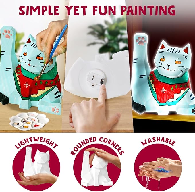 Goody King Paint Your Own Cat Lamp Kit 3pcs,DIY Cat Crafts Night Light, Arts & Crafts for Kids Ages 8-12, Painting Kit for Girls Boys Age 4 5 6 7 8+, Art Supplies Creative Gift for Birthday, Party