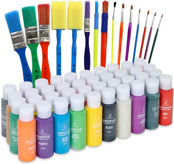 Kids Tempera Paint Set | Value Pack Includes 40 Washable Non-Toxic Colorful Paints (2oz bottles) & 15 Brushes | Metallic, Neon, Glow In The Dark, Glitter Paints | Paint For Arts & Crafts, Fun Projects