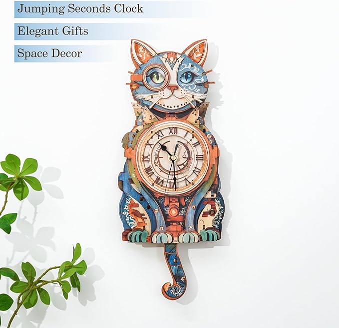 3D Wooden Puzzles for Adults Model Kit Detective Cat Clock, Mechanical Model Building Kits DIY Hobbies for Women Men, Vintage Wall Clock Puzzle Cat Lover Gifts for Adults Craft Gift Home Decor