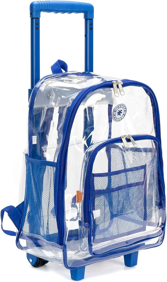 K-Cliffs Rolling Clear Backpack Heavy Duty Bookbag Quality See Through Workbag Travel Daypack Transparent School Book Bags w/Wheels