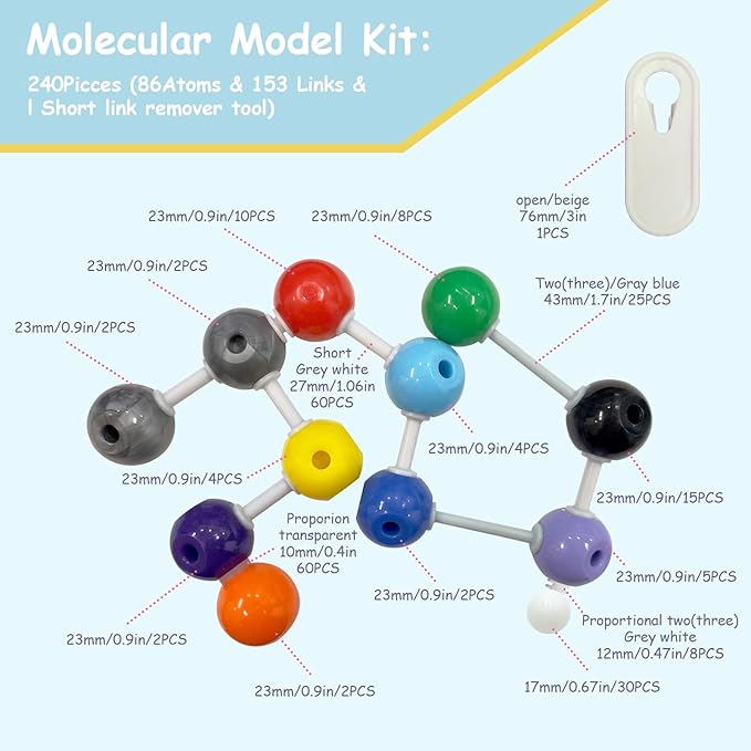 240Pcs Molecular Model Kit Inorganic Atomic Chemistry Element Set Organic Chemical Molecular Structure Model Building Kit Science Teaching Supplies Gifts for Teachers Friends Family Members
