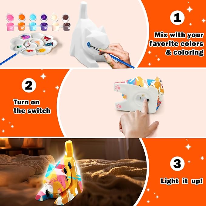 FUNZBO 4.3in Paint Your Own Cat Lamp Kit- Arts and Crafts Supplies Painting Set for Kids Teens, DIY Night Light Toy for Toddlers Girls Boys Age 3 4 5 6 7 8 9 10 11 12 13 +