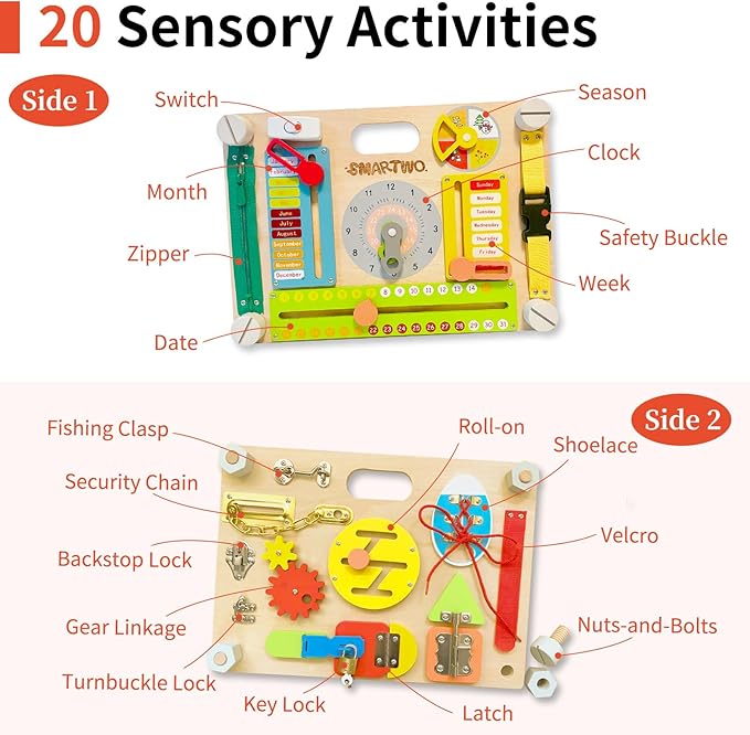 Double-Sided Montessori Busy Board for Toddlers 3-5, Train Babies Fine Motor Skills, Toddler Boy Toy of Sensory Activity Board, Wooden BusyBoard for 3+ Year Old Kids Birthday Gift