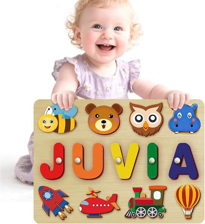 Custom Name Puzzles for Toddlers 1-3 - Name Puzzle for Kids, Personalized Wooden Animal Puzzle, Baby Gifts, Baby Shower, Christmas, Newbaby Gift, Gifts for 1 2 3 Years Old (Animals-03)