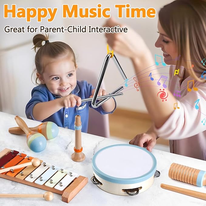 Baby Musical Instruments - Montessori Musical Toys for Toddlers 1-3, Wooden Percussion Instruments Set, Neutral Colors Modern Boho Music Toys for 1 Year Old, Kids Preschool Educational Birthday Gifts