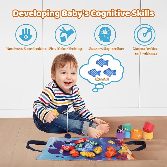 Montessori Toys for 1 Year Old, 27 Pcs Cloth Fishing Game for Toddlers Sorting Toy, Baby Toys for 1 Year Old Boy with Stacking Cups, Fishing Toys for Toddlers 1-3 First Birthday Gifts for Boy Girl