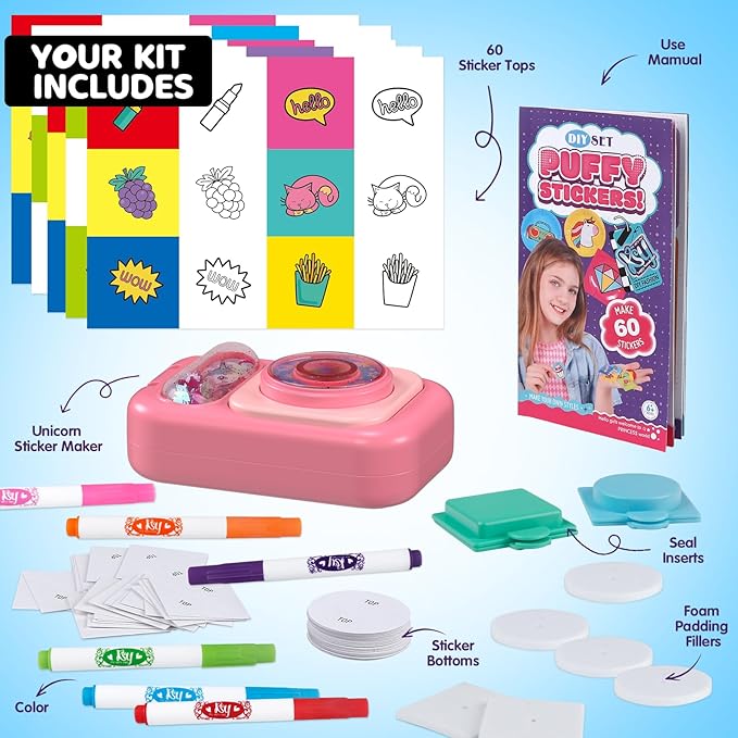 Puffy Sticker Maker Kit for Kids - Make Your Own 3D Stickers Ages 6-10 - Create DIY Craft Machine Unicorn Arts and Crafts Kits for Girls & Boys (60 Stickers)