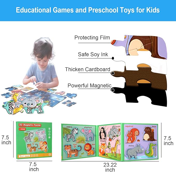 Magnetic Puzzles for Kids Ages 3-5, Magnetic Board for Toddlers Ages 3 4 5 6, Refrigerator Magnets,Toddler Travel Activities for 4-8 Year Old Boys and Girls（2 Pack, Animal+Insect）