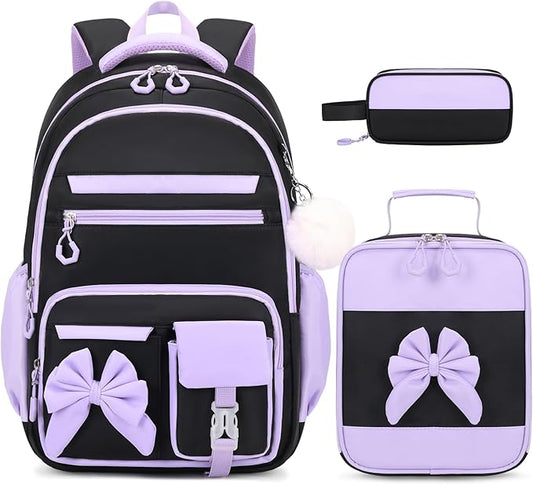 Backpack for Girls, 3PCS Girls Backpack for School with Lunch Bag Pencil Case, Cute Kids Teens Bookbag for Kindergarten Elementary Preschool Middle School (Black-Purple)