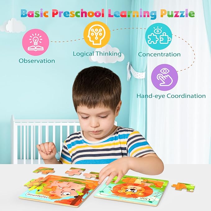 Wooden Puzzles for Toddlers, 8 Pack Animal Jigsaw Puzzles for Kids3-5, 9 Pieces Preschool Learning Activities, Learning & Educational Toys, Gift for Boys, Girls