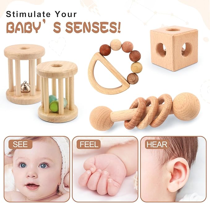 Wooden Baby Toys, 8PCS Wood Montessori Toys for Babies 18-36 Months, Wooden Baby Rattles Set for Grasping, Sensory Development and Cognitive Growth, Gift for Infant Girls Boys