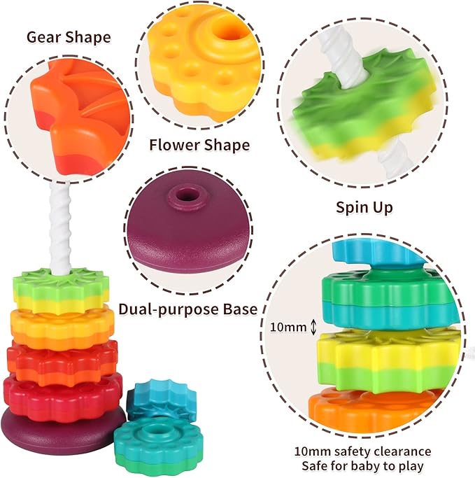 Spinning Toy, Rainbow Stacking Toys for Toddlers 1-3, Ring Stacker Baby Toys 6 to 12 Months, 1 One Year Old Girl Boy Christmas Birthday Gifts, Montessori Autism Sensory Toy