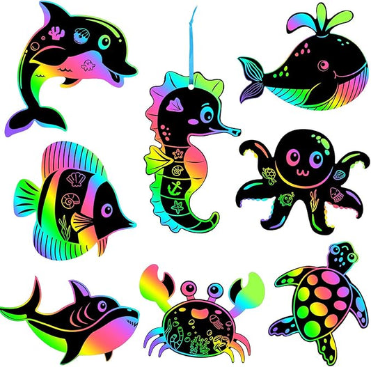 JULMELON 36 PCS Ocean Crafts, Rainbow Scratch Art Under The Sea Party Favors DIY Magic Color Summer Ocean Animals Scratch Cards for Summer Party Favors School Activities