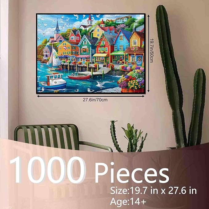Tucocoo Jigsaw Puzzles 1000 Pieces for Adults-Colorful Seaside Town Hardboard Puzzle-Challenging Puzzle Perfect for Game Nights-DIY Home Wall Decor-Art Puzzles Colorful Coastal Town 27" x 20"