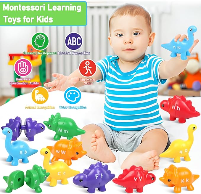 Letters Matching Game Dinosaur Toys 26 Letters Double-Sided ABC Alphabet Match Uppercase Lowercase, Montessori Learning Toy Educational Fine Motor Skill for 12 Months Toddlers Kids 1 2 3 4 5 Years Old