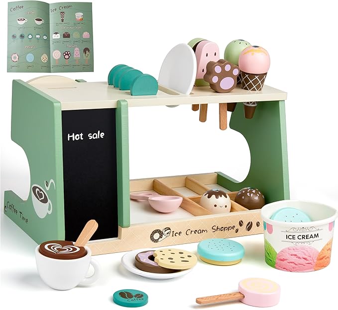 Wooden Ice Cream Toy, 3-in-1 Ice Cream Counter with Coffee Maker 28 PCS Toddler Pretend Play Kitchen Accessories Wooden Toys for 3 4 5 6 Year Old Girl or Boy (Ice Cream)