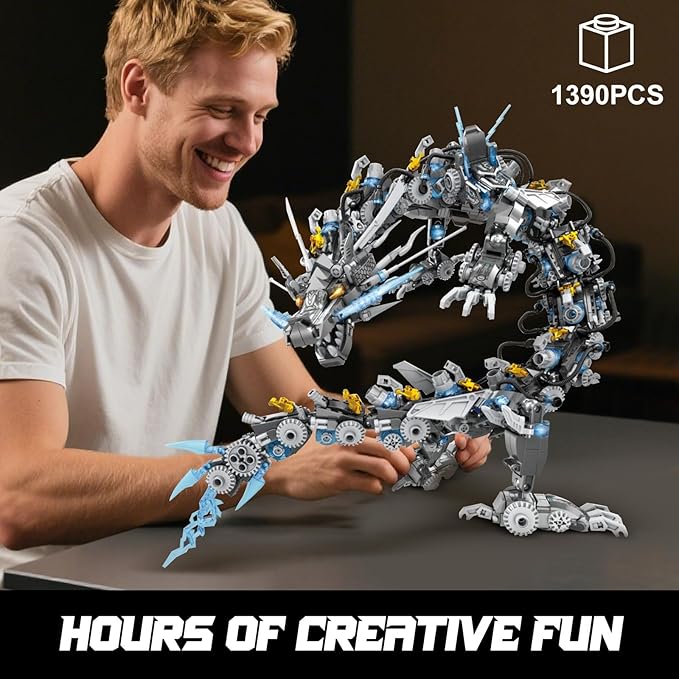 HIGH GODO Dragon Building Blocks Sets for Adults, 2 in 1 Grey Mechanical Dragon Animal Building Model Collectible Display Toys, Cool Creative Gifts for Boys Teens Fans (1390 Pcs)