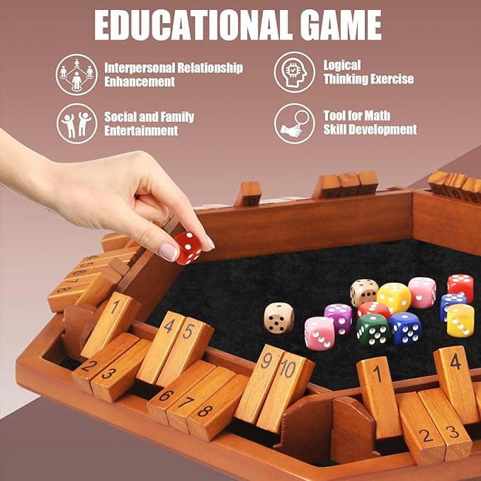 1-6 Players Shut The Box Dice Games, Wooden Board Table Math Game with 16 Dice and Instructions, Classics Close The Box Board Game for Adults Kids, Family Classroom Home or Bar