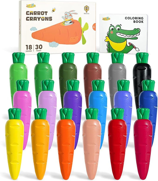 18 Colors Crayons for Toddlers 1-3, Non Toxic Beeswax Carrot-Shaped Toddler Crayons with 30-Page Coloring Book and 120 PDF Pages, Mess-Free Coloring for Kids Ages 2-4 4-8 Art Supplies Gift