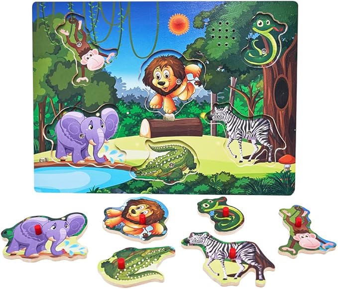 Wooden Forest Animals Sound Peg Puzzles for Toddlers Wooden Pegged Puzzle with Sound Effect for Toddlers and Preschoolers, Educational Learning Toy Gift