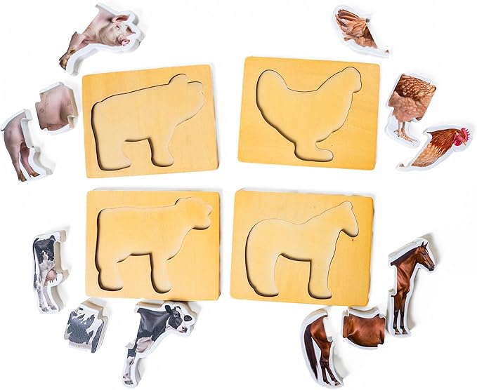Wooden Montessori Animal Puzzles for Toddlers 2+ Years | Realistic Chunky Farm Animal Shape Puzzle | Educational Learning Toy - Three-Piece Farm Animal Puzzles