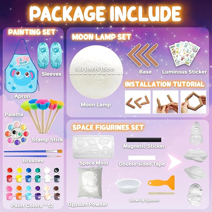 Goody King Paint Your Own Moon Lamp Kit, DIY 3D Space Moon Night Light, Crafts for Teens Girls Boys, Arts & Crafts for Kids Ages 8-12, Art Supplies Christmas Craft Birthday Gift for Kids Ages 3+