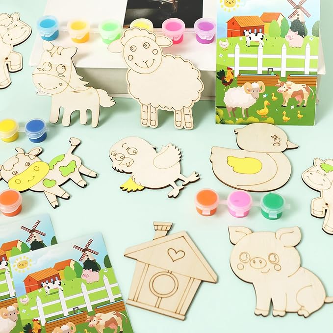 LARDUX Farm Animal Party Favors, 24PCS DIY Wooden Arts & Crafts Painting Kit for Kids Ages 4-8 8-12, Glow in The Dark Party Favors Family Crafts Birthday Party Christmas Gifts Toys for Boys Girls