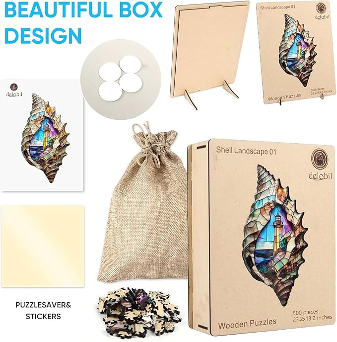 delobil Wooden Puzzles, Shell Landscape Jigsaw Puzzles 500 Pieces, Unique Shaped Wooden Puzzle for Adults and Kids, Ghristmas Gift Family Game 23.2 x 13.2 Inch
