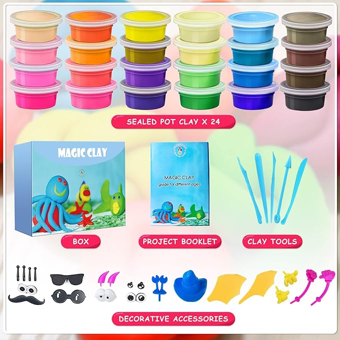 Modeling Clay Kit - 24 Colors Air Dry Clay DIY Molding Clay with Tools, Kids Art Crafts Gift for Boys & Girls Age 3-12 Year Olds