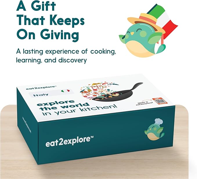 eat2explore Cooking Kits for Kids - Interactive & Educational Set with 3 Recipe Cards, Key Ingredients & Cooking Tools - Ideal Idea for Kids who Love to Create Meals (Italy Edition)