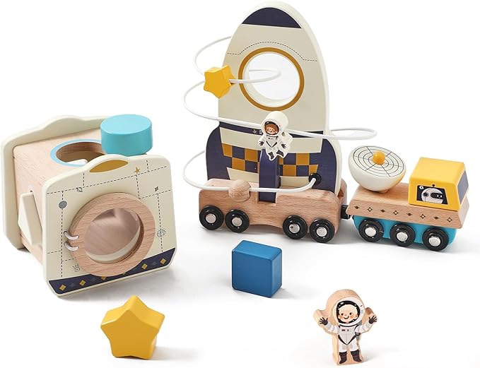 ibwaae Rocket Space Toys, Montessori Toys for 1 2 3 Year Old, Boy and Girl Baptism Birthday Gift, Baby Toys with Shape Sorter Stacking