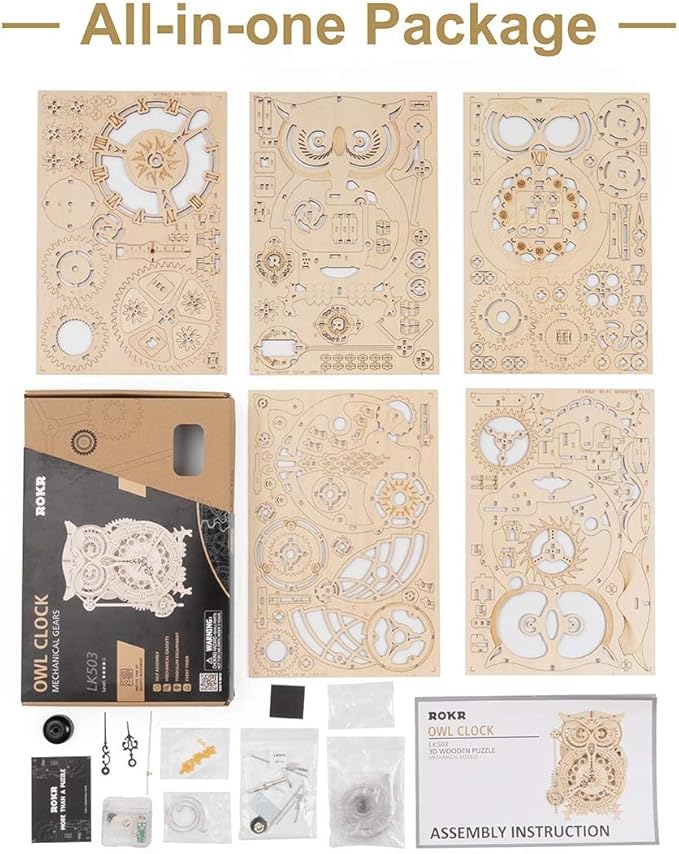 ROKR 3D Wooden Puzzles for Adults Owl Clock - Mechanical Model Building Kit DIY Hobbies for Men Women 161PCS Clock Puzzle Creative Craft Gift Home Decor for Family