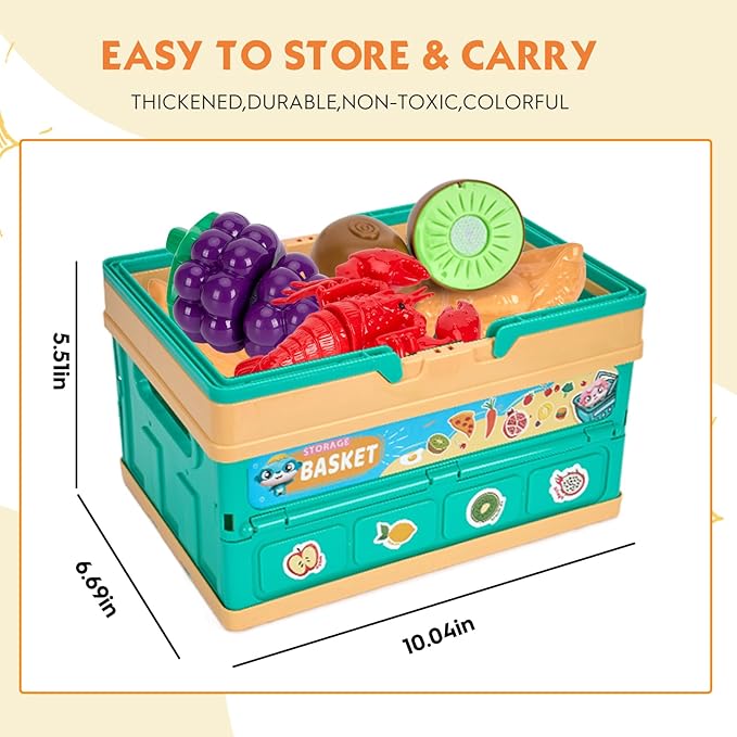 80Pcs Kitchen Playset, Toddler Pretend Cooking with Pots, Pans, Cookware, Food, Picnic Blanket, Fruits, Veges, Shopping Storage Basket, Dessert , Learning Gift for Girls Boys (Blue)