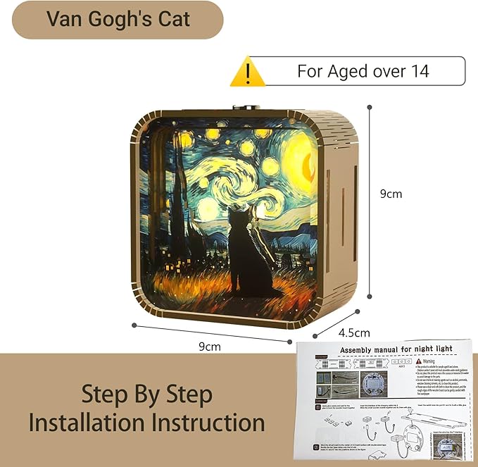 3D Wooden Puzzle Night Light,DIY Craft for Adults with Touch Night Light, Chrismas, New Year, for Teen, Desk Decor for DIY Puzzle Lovers, Men and Women (Van Gogh's Cat)