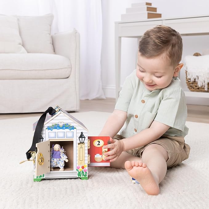 Melissa & Doug Take-Along Wooden Doorbell Dollhouse - Doorbell Sounds, Keys, 4 Poseable Wooden Dolls Portable Doll House, Doorbell House for Kids Ages 3+