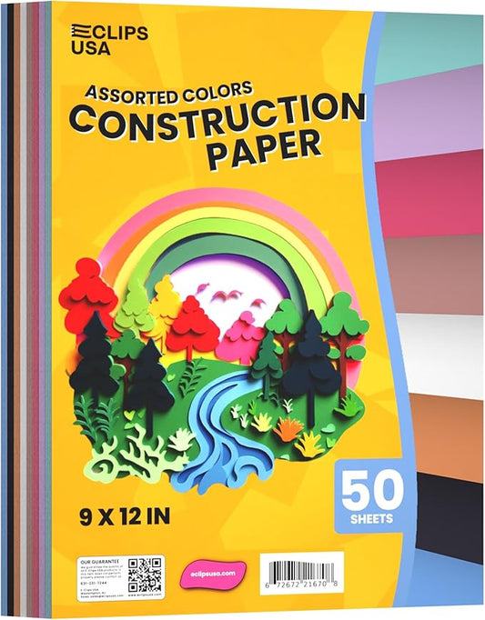 Construction Paper Bulk (50 Sheets) 9 x 12 Construction Paper for Kids, Color Art Paper, Assorted Colors, 50 Sheets Per Pack, (1 Pack)