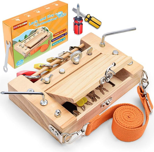 Screwdriver Board-Montessori Toy Lock and Key Toy Set for Kids, Storage Wooden Tools Preschool Sensory Toys for 3 +Year Old