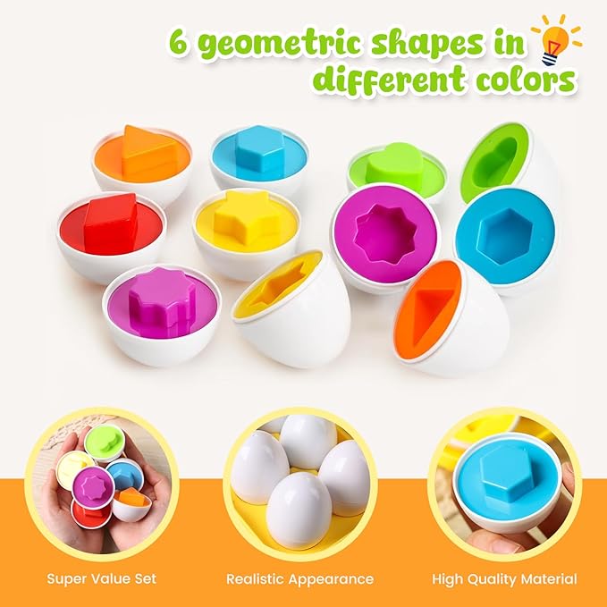 HANSGO Shape Matching Eggs Toys for Toddlers, 6 Easter Egg Toys with Storage Carton, Educational Color and Shape Matching Set