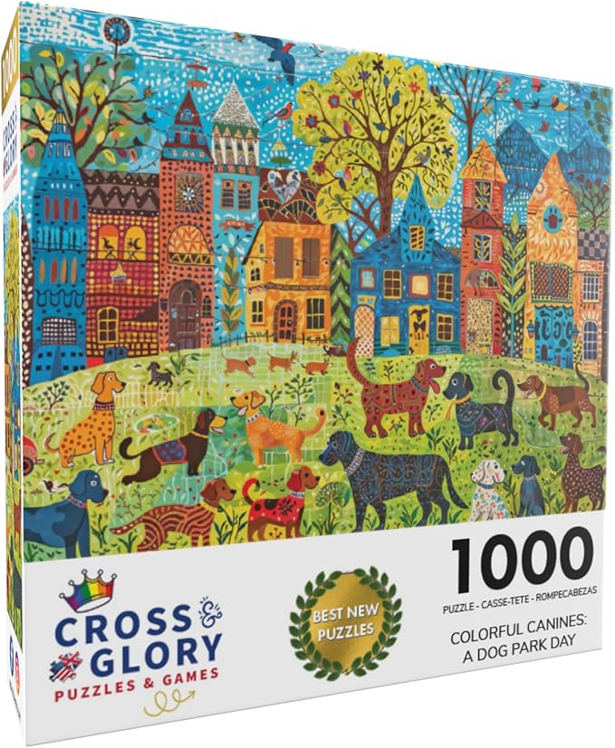 Cross & Glory - Colorful Canines: A Dog Park Day - 1000 Piece Folk Art Style Jigsaw Puzzle for Adults | Vibrant City Scene with Playful Pups | Perfect for Dog Lovers