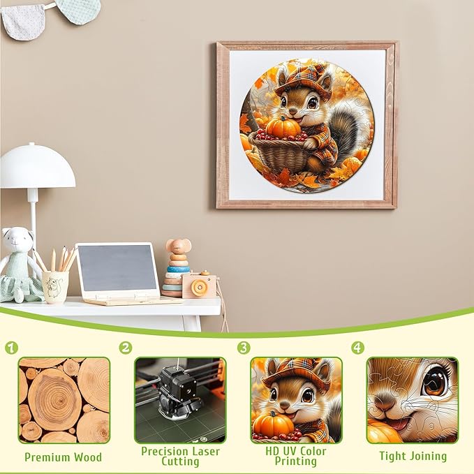 Wooden Puzzles for Kids Ages 4-6 - Squirrel's Harvest 50 Pieces Children Puzzles - Large Pieces Kids Puzzle with Unique Shapes - Fall Puzzles for Boys and Girls (11.4 * 11.4 in)