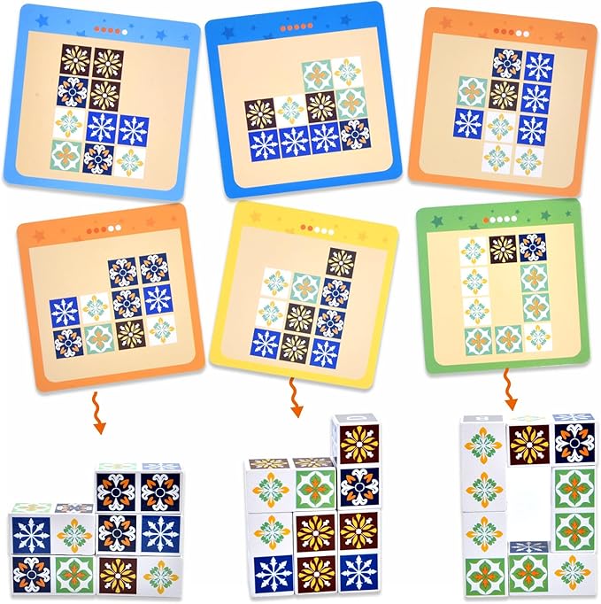 Wooden Matching Game Puzzle Games, Pattern Block Match Puzzles Building Cubes with Bell for Kids and Adults Toys Board Games for Family Night