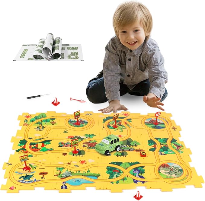 Plastic Dinosaur Puzzles for Kids with A Cute Car, Montessori Toys for 3 4 5 6 Year Old Boys, Race Tracks for Kids 3-5, Toddler Puzzle Track Play Set, Gifts for 3 4 5 6 Year Old Boys Toys