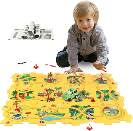Plastic Dinosaur Puzzles for Kids with A Cute Car, Montessori Toys for 3 4 5 6 Year Old Boys, Race Tracks for Kids 3-5, Toddler Puzzle Track Play Set, Gifts for 3 4 5 6 Year Old Boys Toys