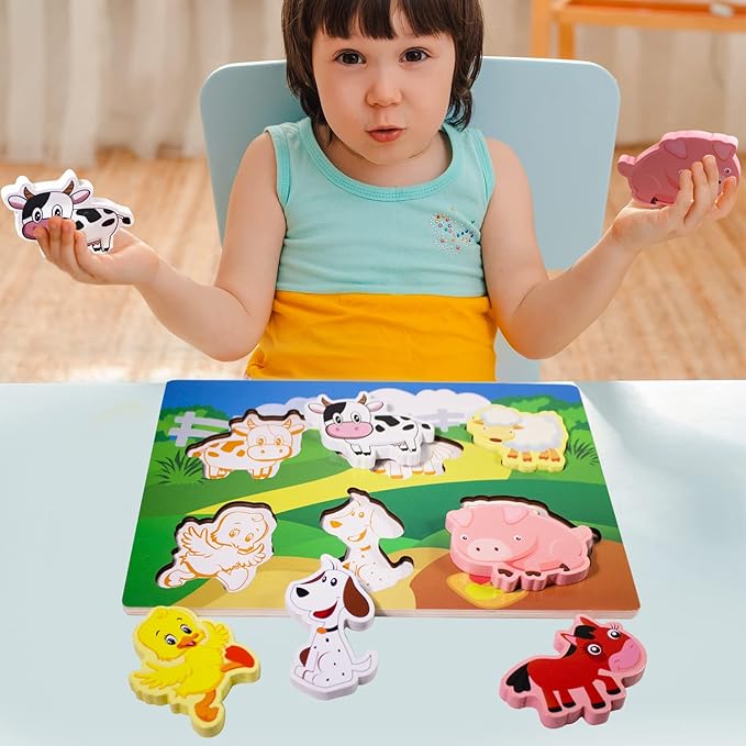 Wooden Peg Puzzle for Toddlers 1-3 Year Old,Funsland Puzzles Gifts Colorful Toys Cartoon Gifts,Farm Animals Puzzles