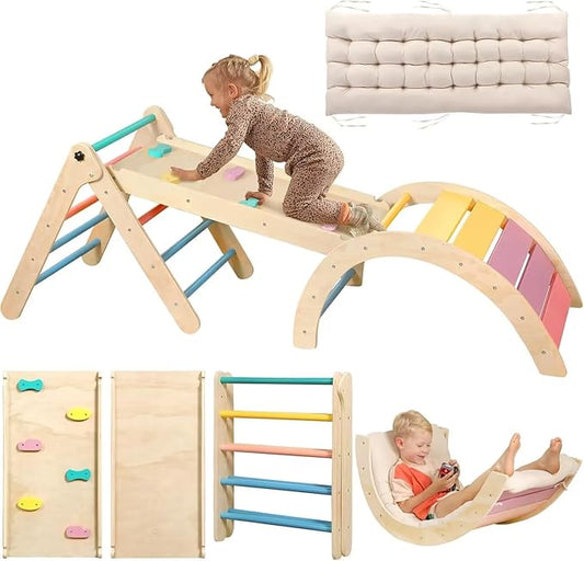 Pikler Triangle Set with Cushion, 7 in 1 Toddler Climbing Toys Indoor, Montessori Foldable Climbing Set, Wooden Climbing Toys for Toddlers 1-3 Inside with Ramp, Arch and Ladder (Rainbow)