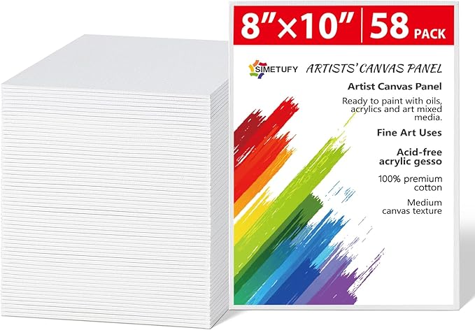 Simetufy 58 Pack 8x10 Inch Canvas Boards for Painting, Bulk Blank Canvas Panels Gesso Primed Acid-Free 100% Cotton for Acrylics Oil Watercolor Tempera Paints